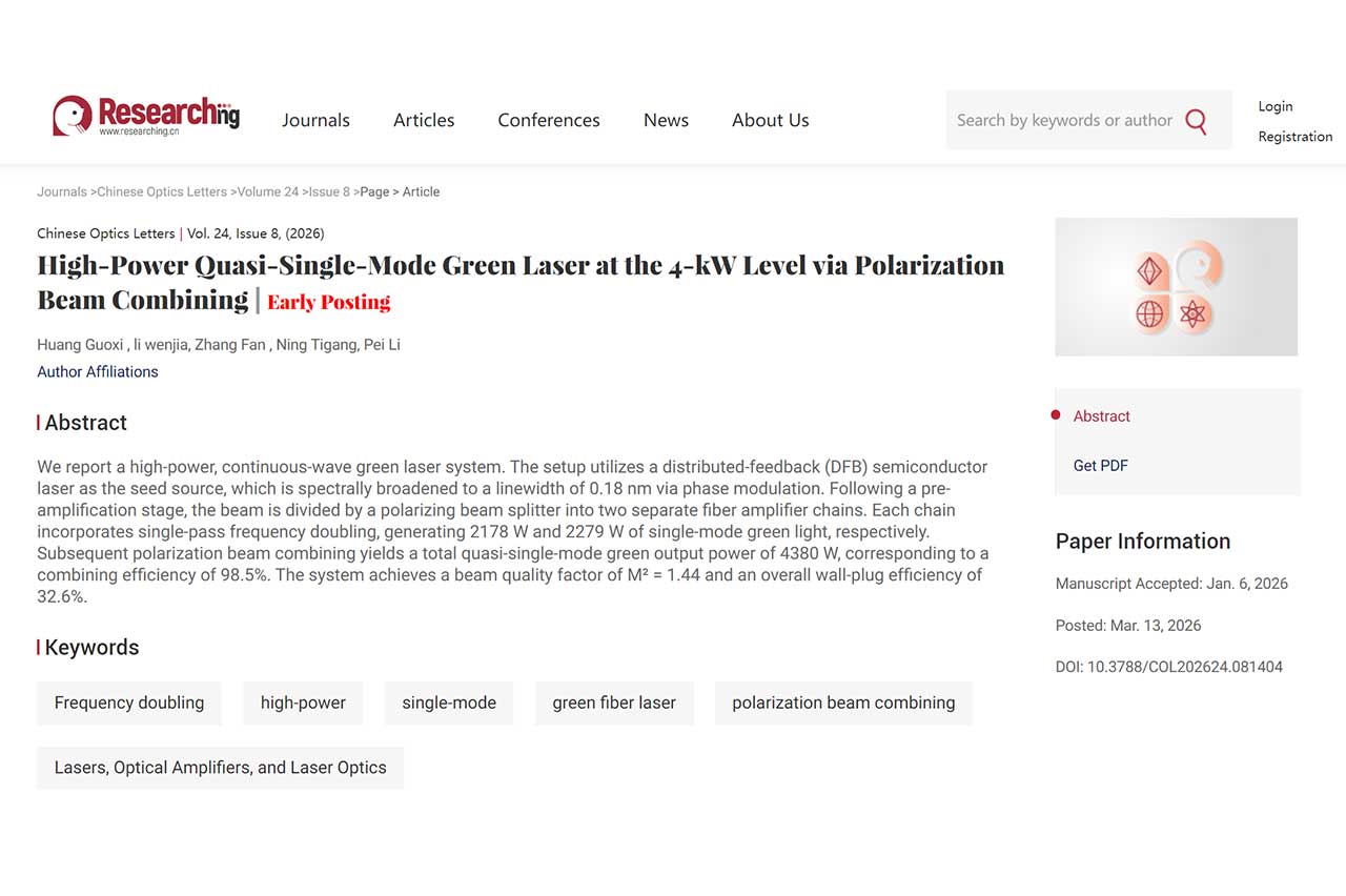 重磅发布 | 公大激光高功率近单模绿光技术成果见刊