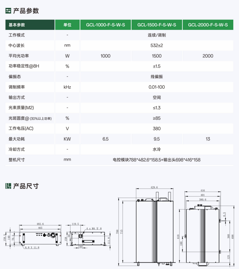 1000/1500/2000W 单模连续绿光光纤激光器