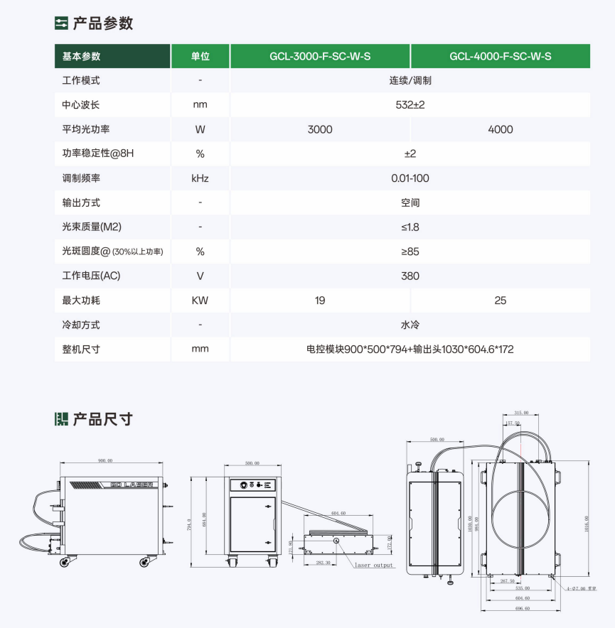 3000/4000W 单模连续绿光光纤激光器