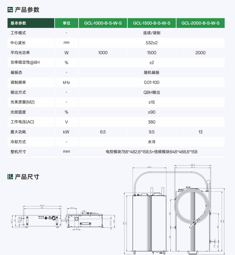 1000/1500/2000W多模连续绿光光纤激光器
